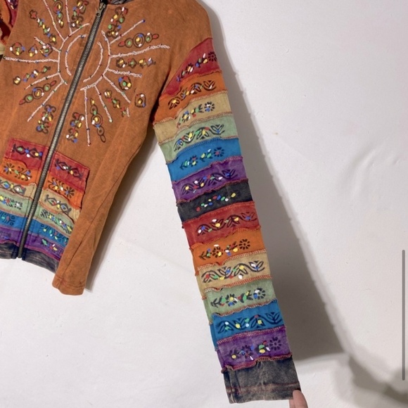 Rising International Orange Sun Rainbow Patchwork Stone Wash Full Zip Hoodie M - Picture 8 of 14